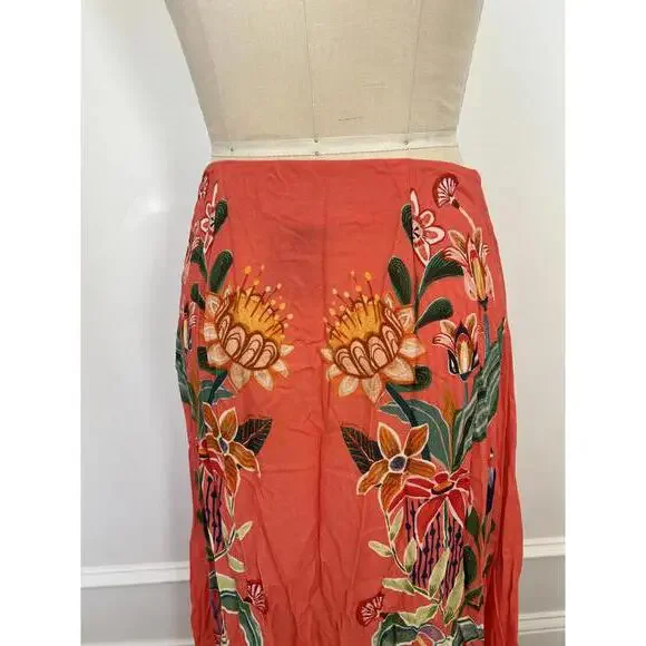 Farm Rio - Coral Floral Midi Skirt with Vibrant Print, Size M - Picture 8 of 10
